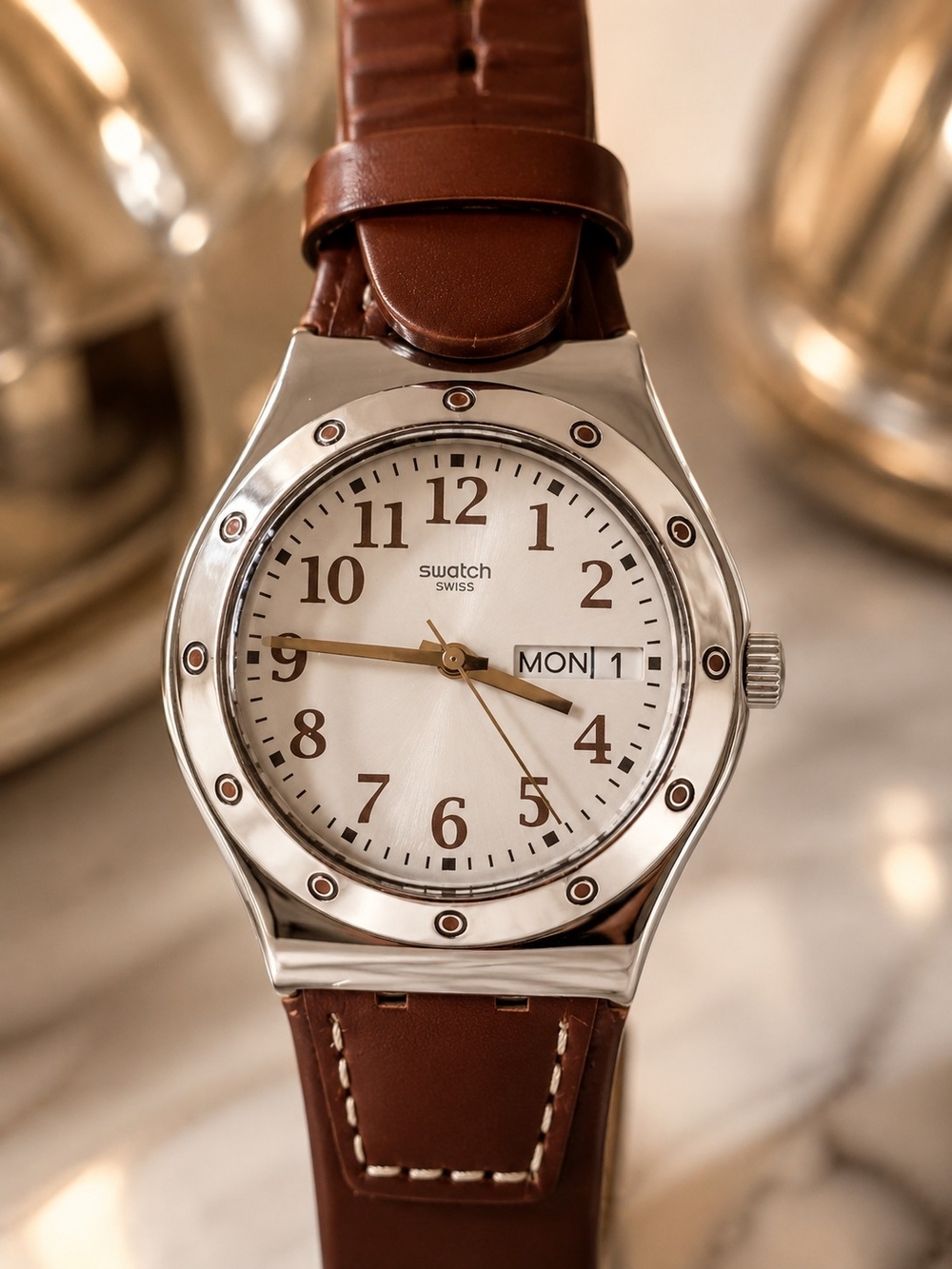 Swatch Women Brown Leather Strap Stainless Watch - Brown/Silver